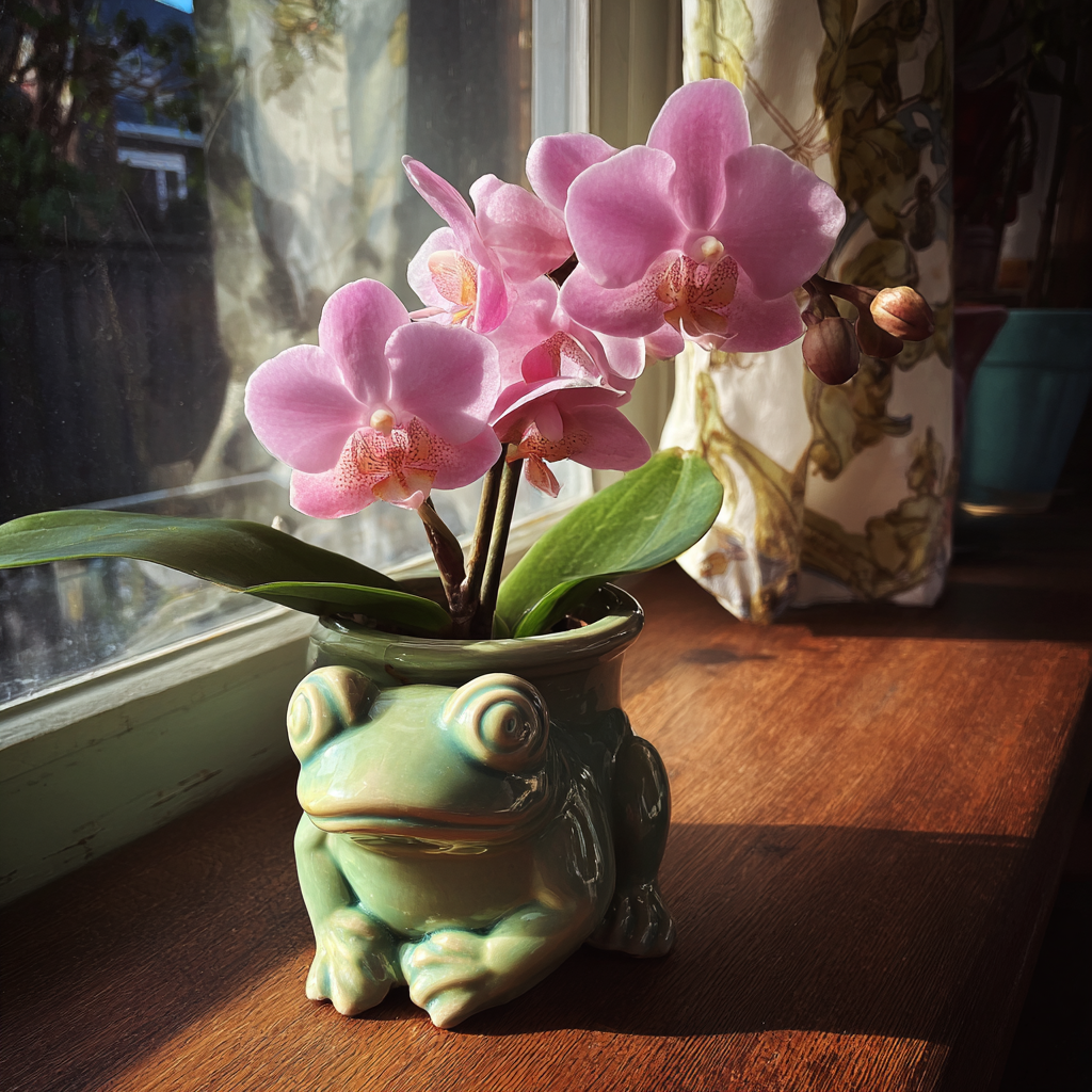 Une orchidée dans un pot en forme de grenouille | Source : Midjourney