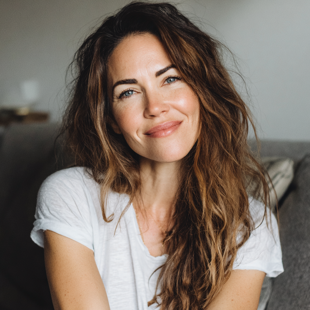Une femme souriante assise sur un canapé | Source : Midjourney