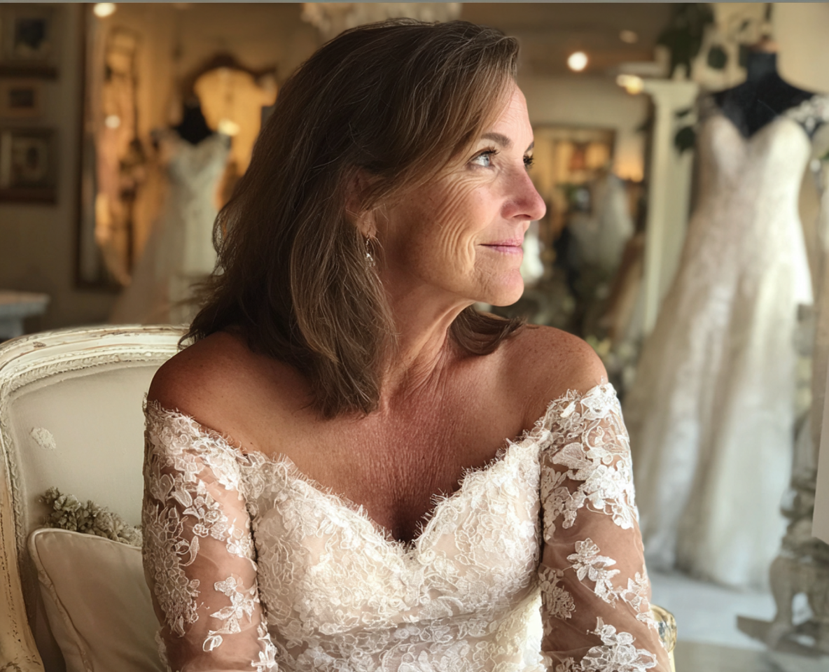 Une femme assise dans une boutique de mariage | Source : Midjourney