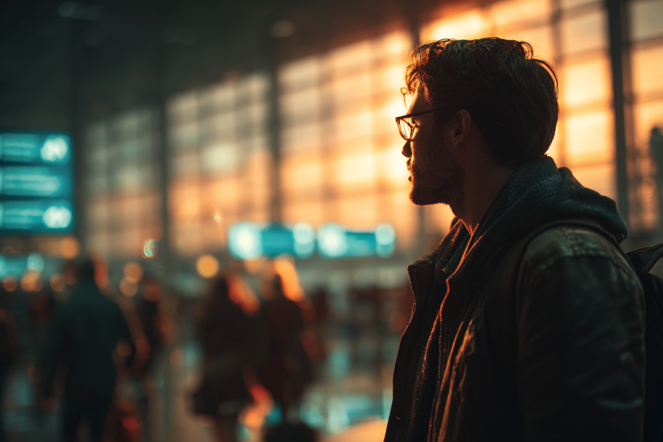 Un homme debout dans un aéroport | Source : Midjourney