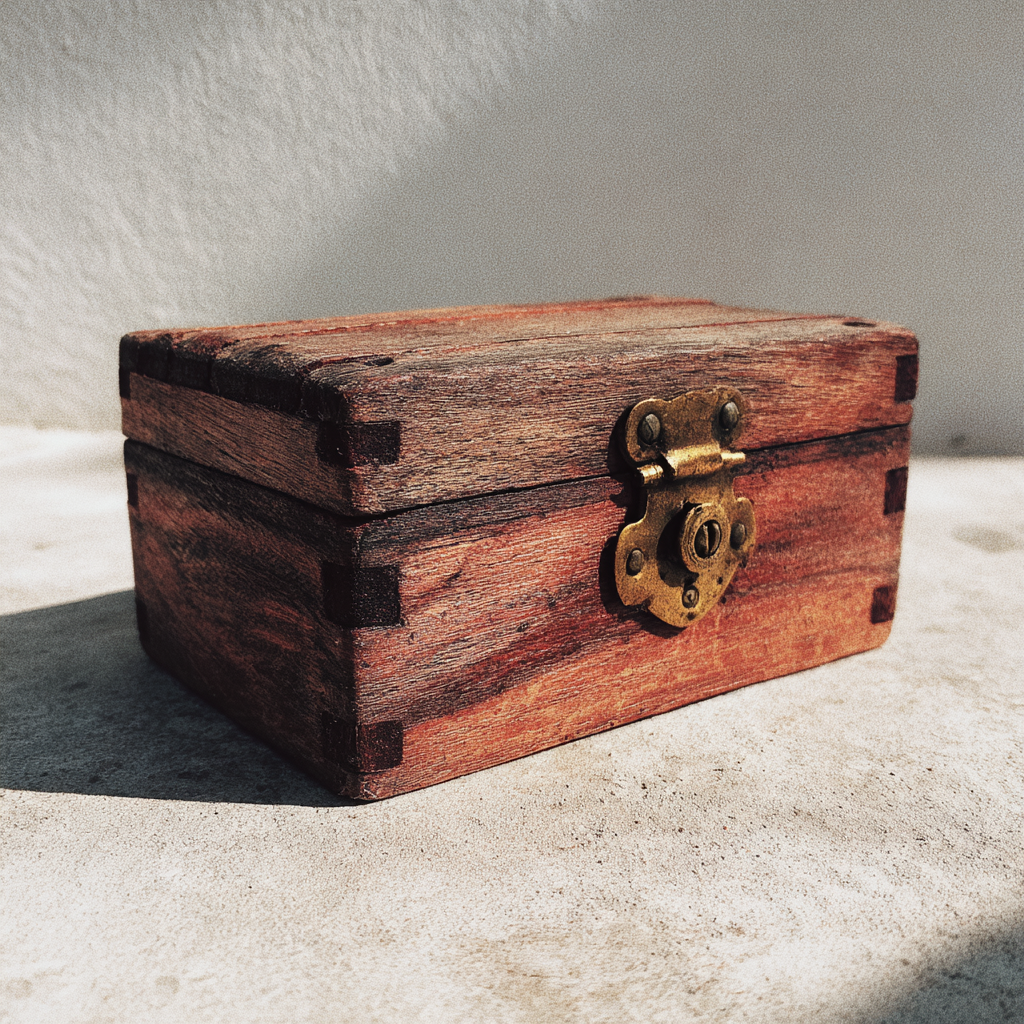 Une petite boîte en bois avec une serrure en laiton posée sur une surface plane | Source : Midjourney