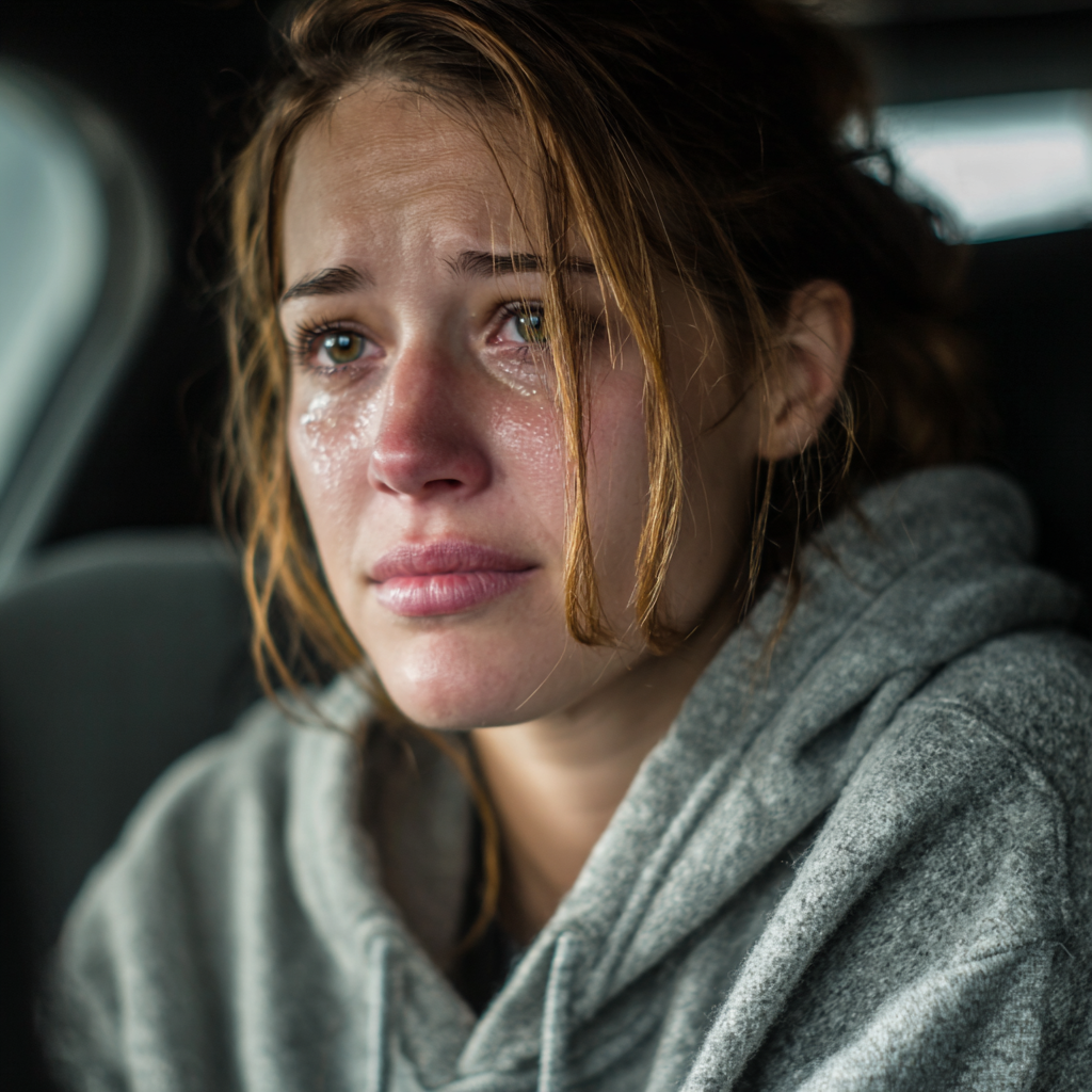 Une femme en pleurs assise dans un taxi | Source : Midjourney