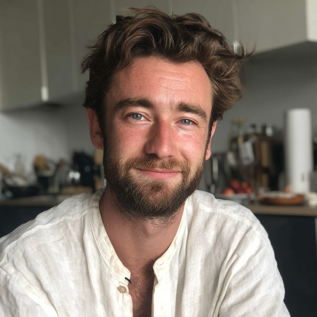 Un homme souriant portant une chemise en lin | Source : Midjourney