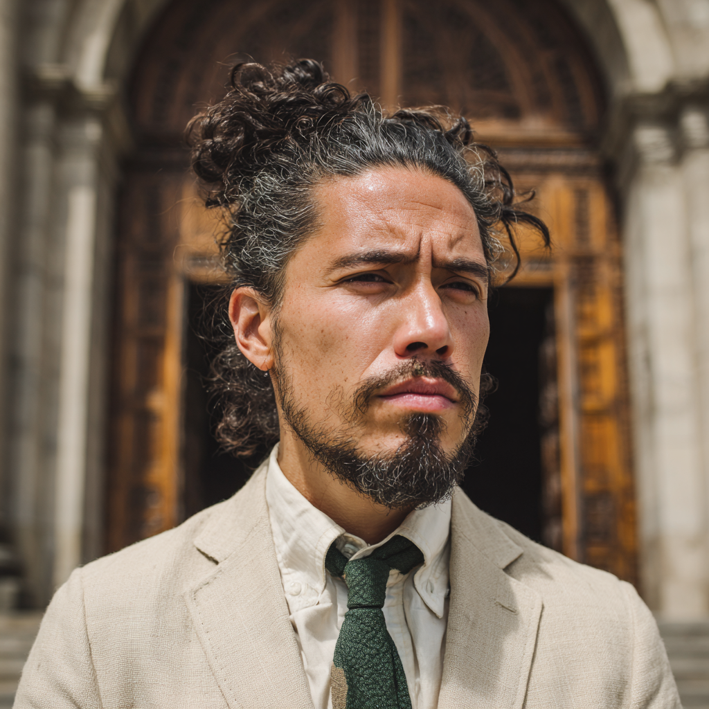 Gros plan sur un homme renfrogné portant un costume | Source : Midjourney