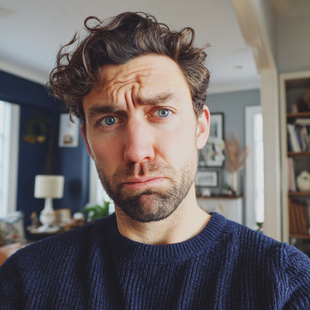 Gros plan sur un homme qui fronce les sourcils et porte un pull-over bleu marine | Source : Midjourney