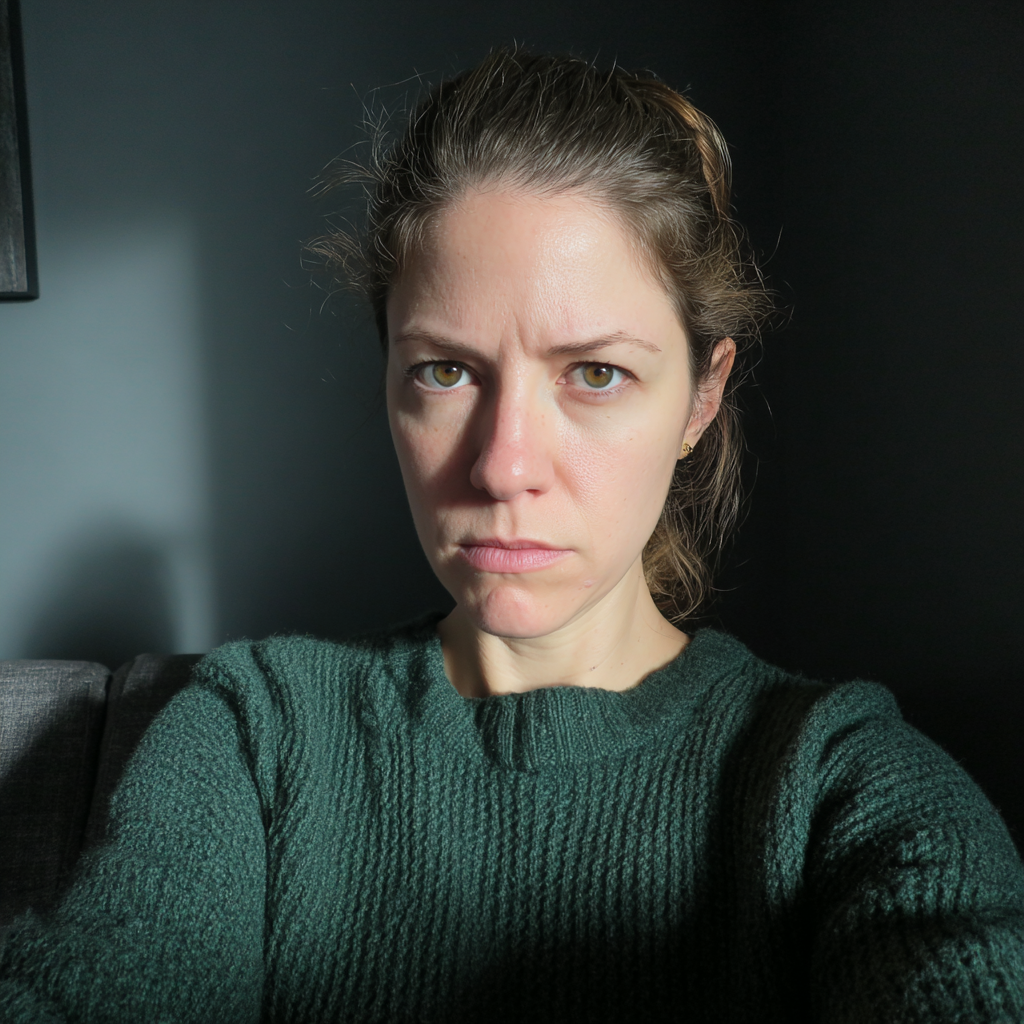 Une femme renfrognée portant un pull vert | Source : Midjourney