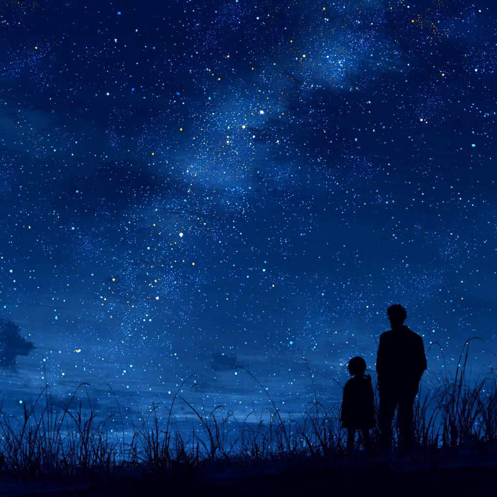 Silhouette d'un homme et d'une petite fille observant le ciel nocturne parsemé d'étoiles | Source : Midjourney