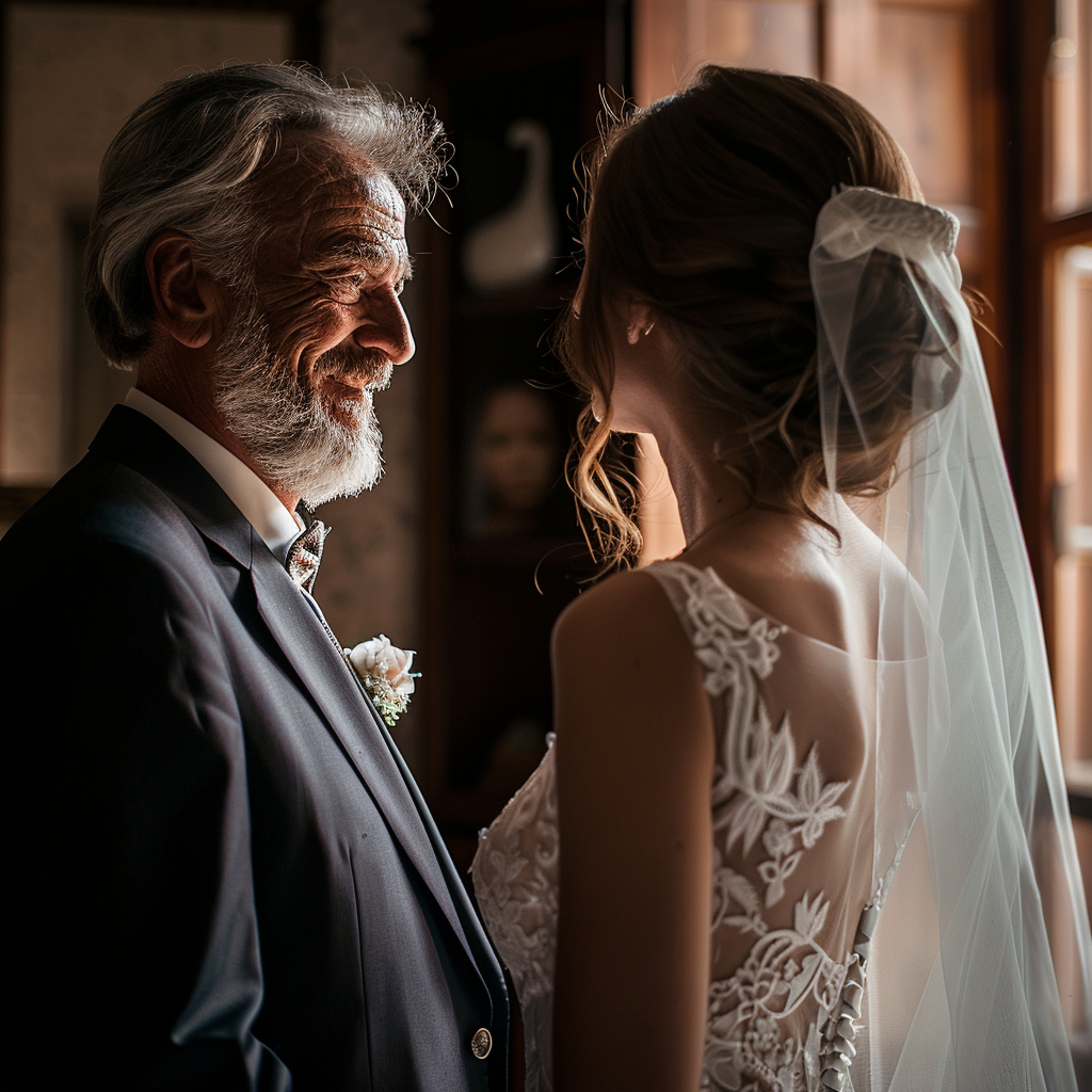 Un père fier de regarder sa fille vêtue de sa robe de mariée | Source : Midjourney