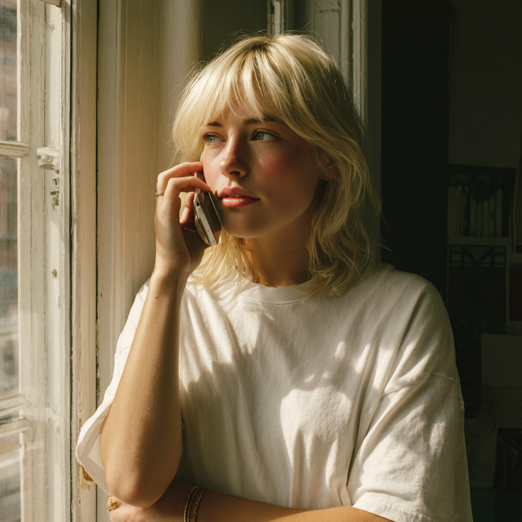 Une femme qui parle au téléphone et regarde par la fenêtre | Source : Midjourney