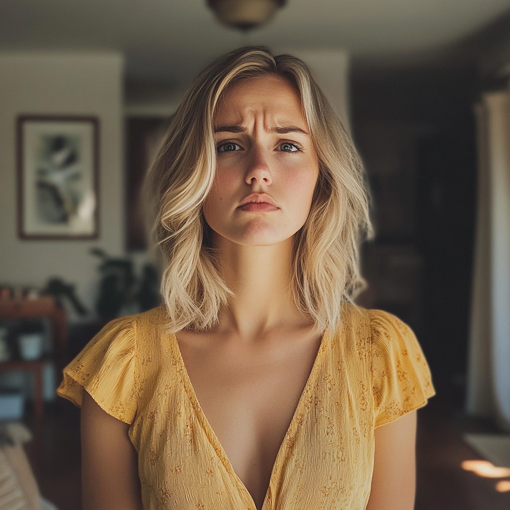 Une femme qui fronce les sourcils, debout dans un salon | Source : Midjourney
