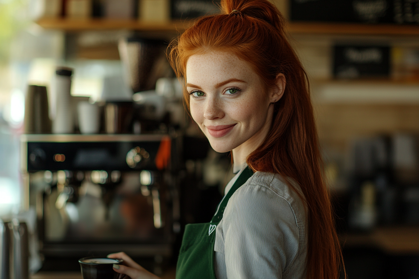 Une femme souriante tenant une tasse de café | Source : Midjourney