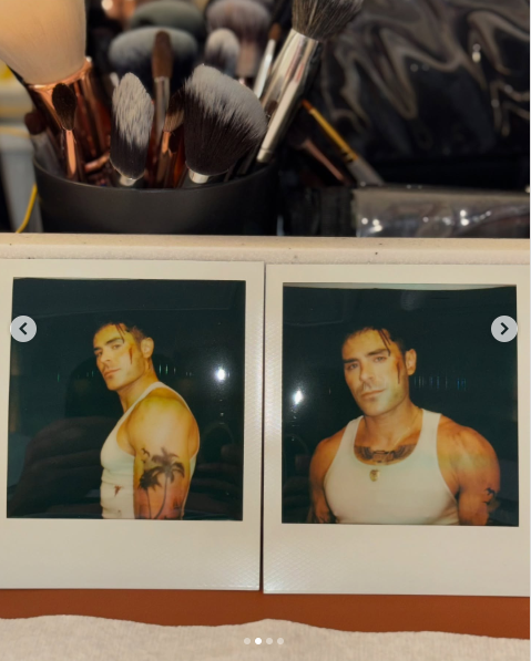 Une photo de Zac Efron dans un gilet blanc affichant ses bras toniques sur le plateau de son nouveau film postée le 14 mai 2025 | Source : Instagram/zacefron