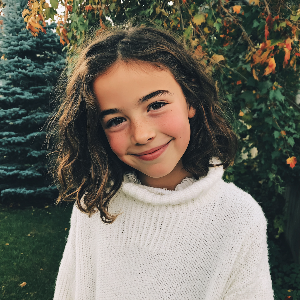 Une petite fille souriante se tenant à l'extérieur | Source : Midjourney