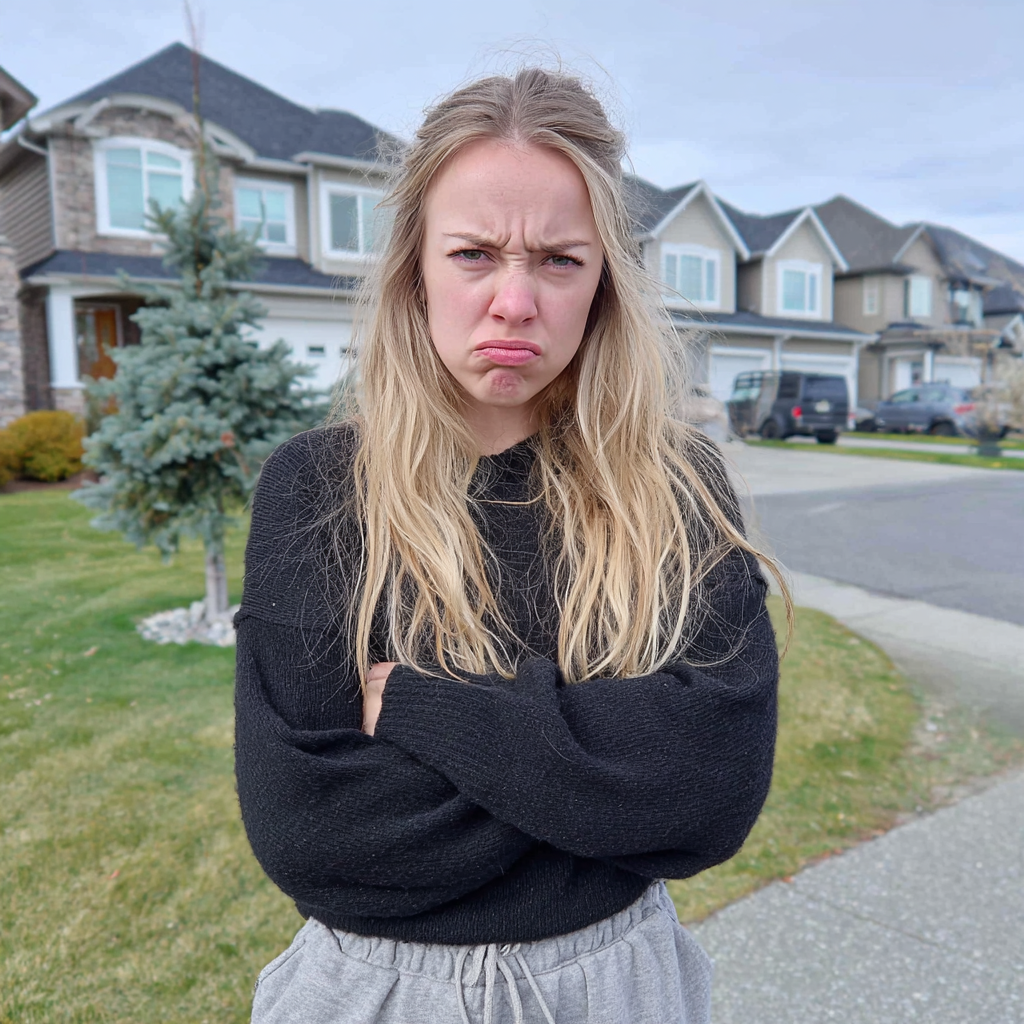 Une femme en colère devant une maison | Source : Midjourney