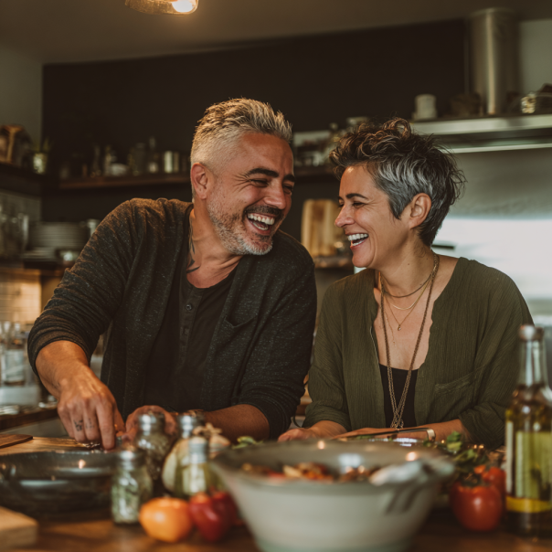 Un couple qui rit en préparant le dîner | Source : Midjourney