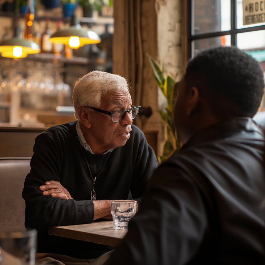 Un homme âgé qui discute avec un jeune garçon dans un restaurant | Source : Midjourney