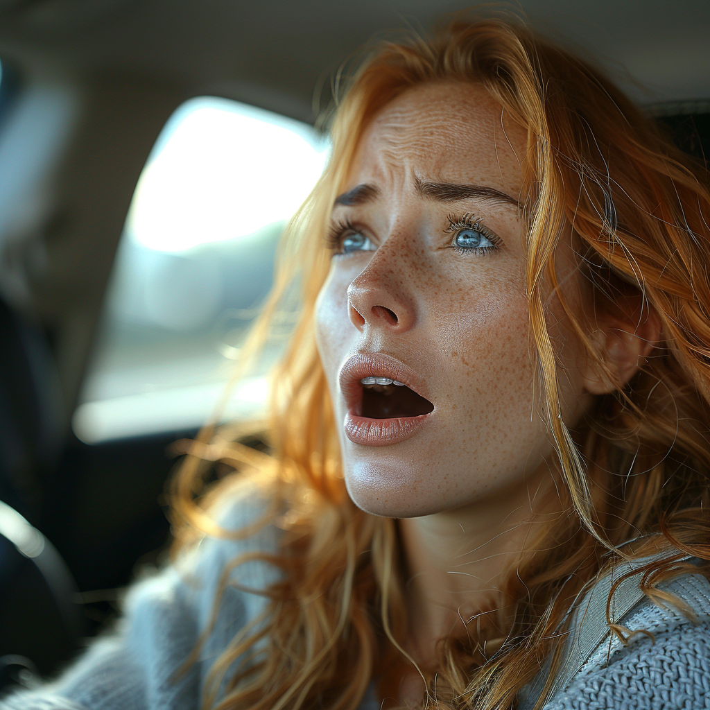 Femme inquiète, la bouche ouverte, assise sur le siège passager | Source : Midjourney