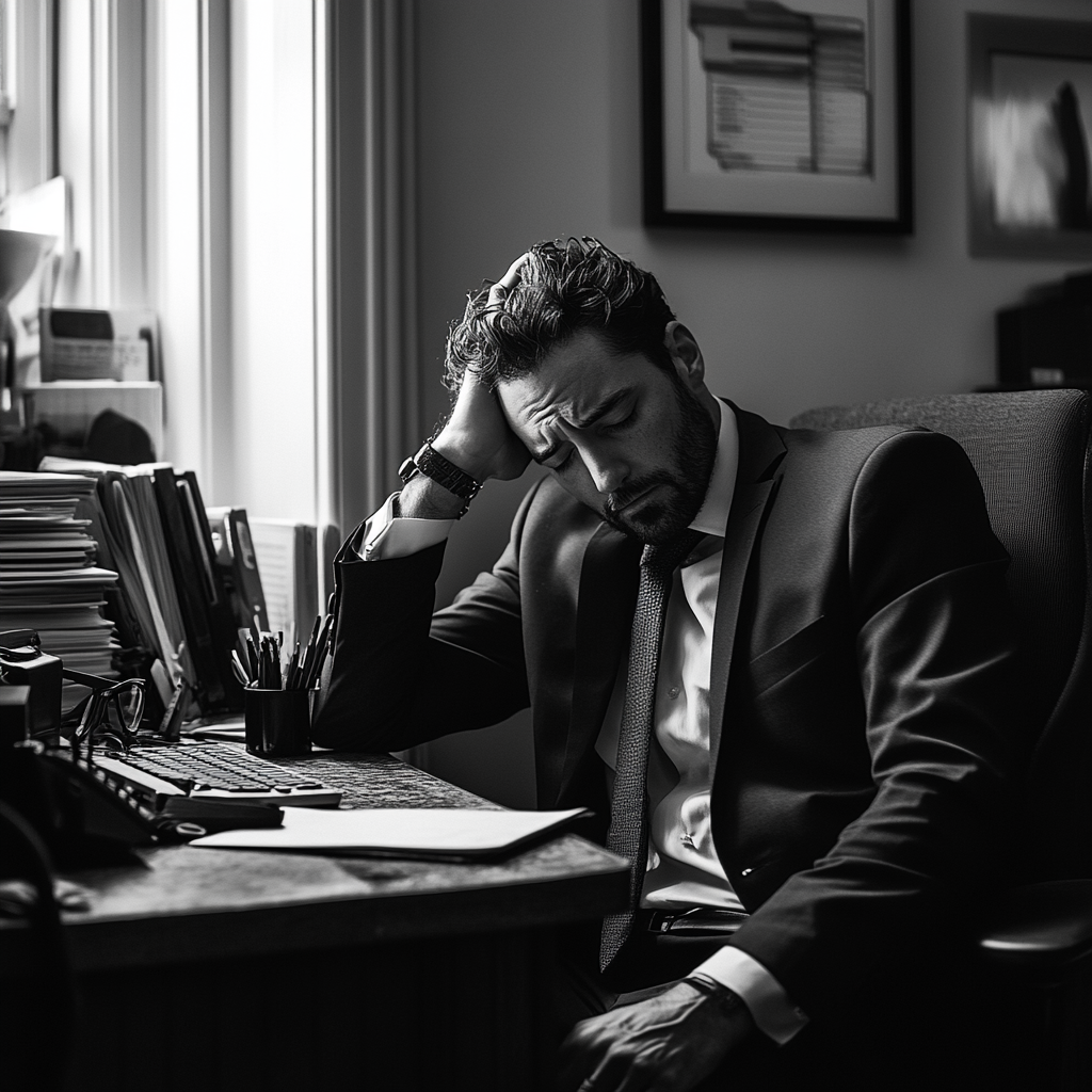 Un homme fatigué dans son bureau | Source : Midjourney