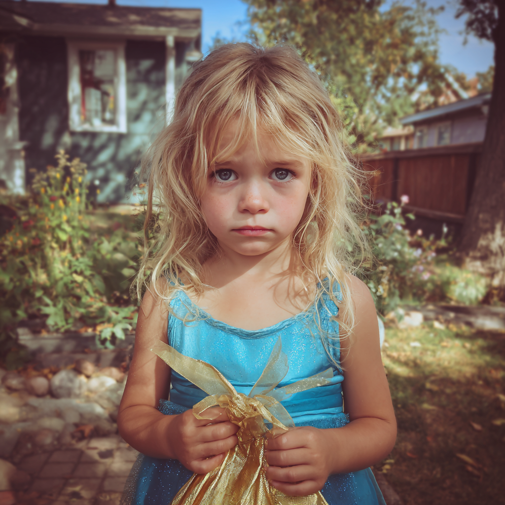 Une petite fille bouleversée se tenant à l'extérieur | Source : Midjourney