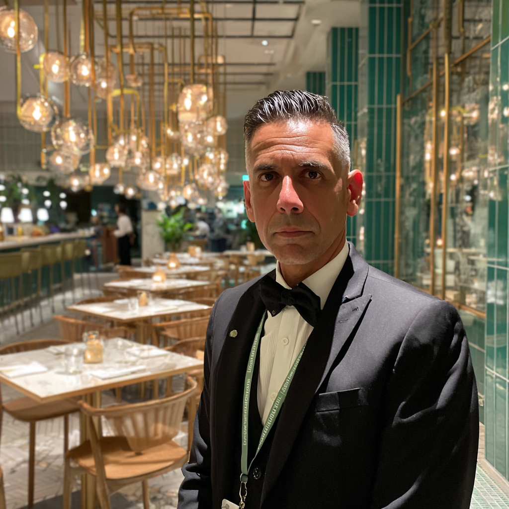 Un gérant de restaurant portant un costume noir | Source : Midjourney