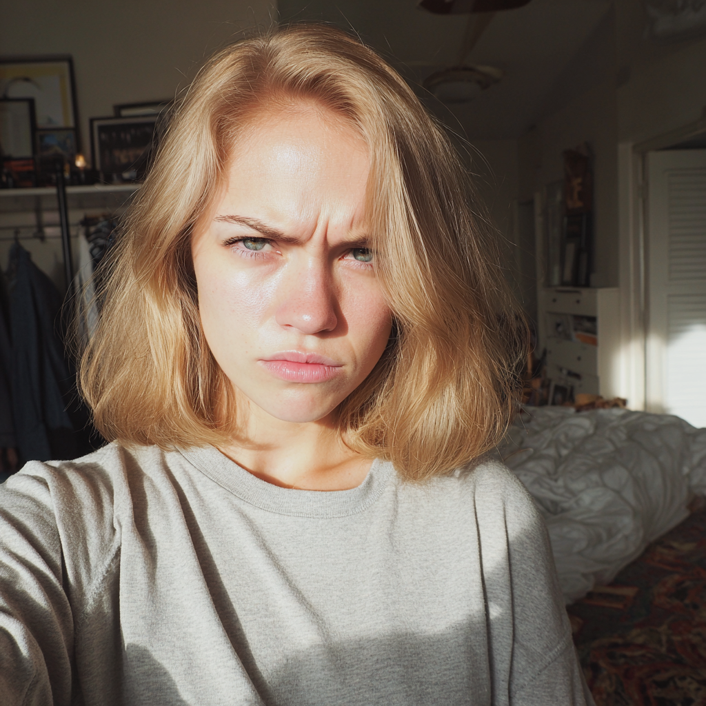 Une femme fronçant les sourcils debout dans une chambre à coucher | Source : Midjourney