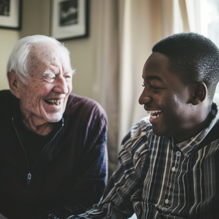 Un homme qui rit avec son fils à la maison | Source : Midjourney