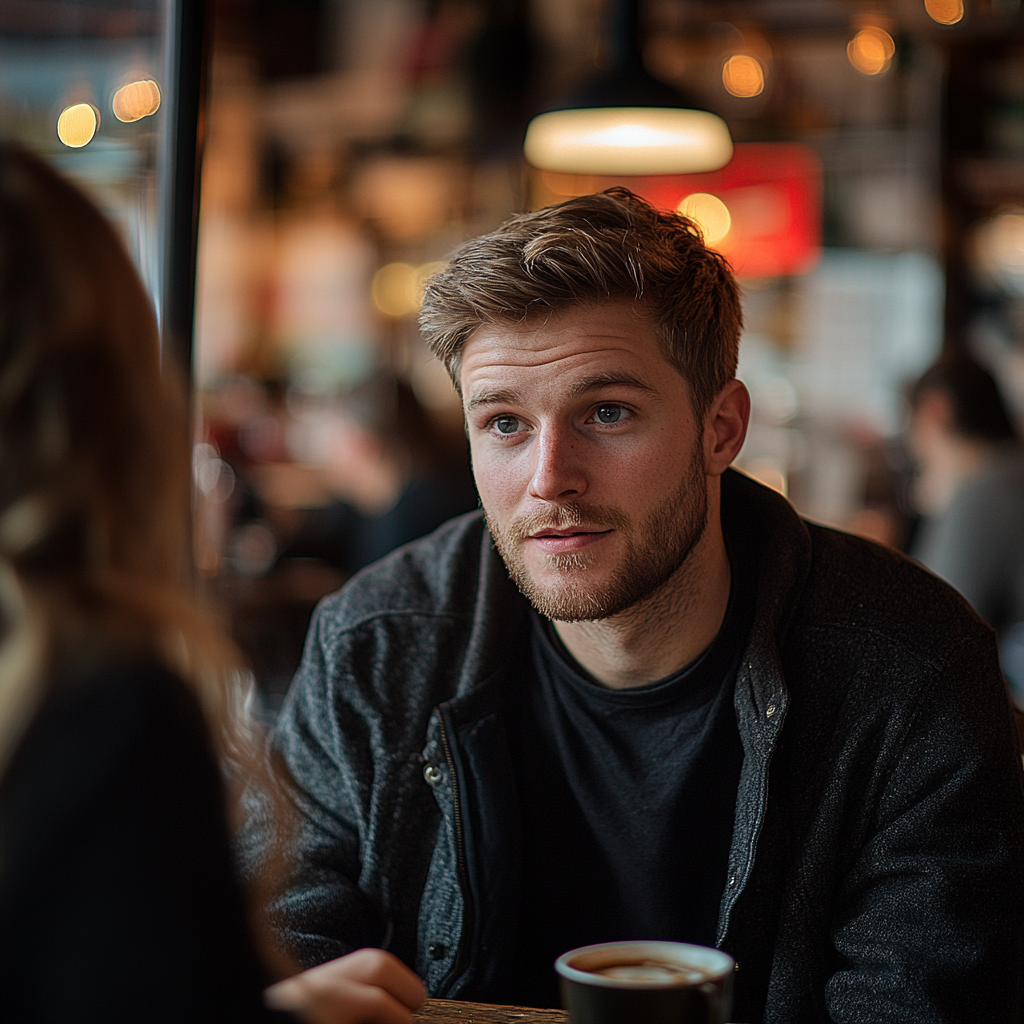 Un homme parle à une amie dans un café | Source : Midjourney