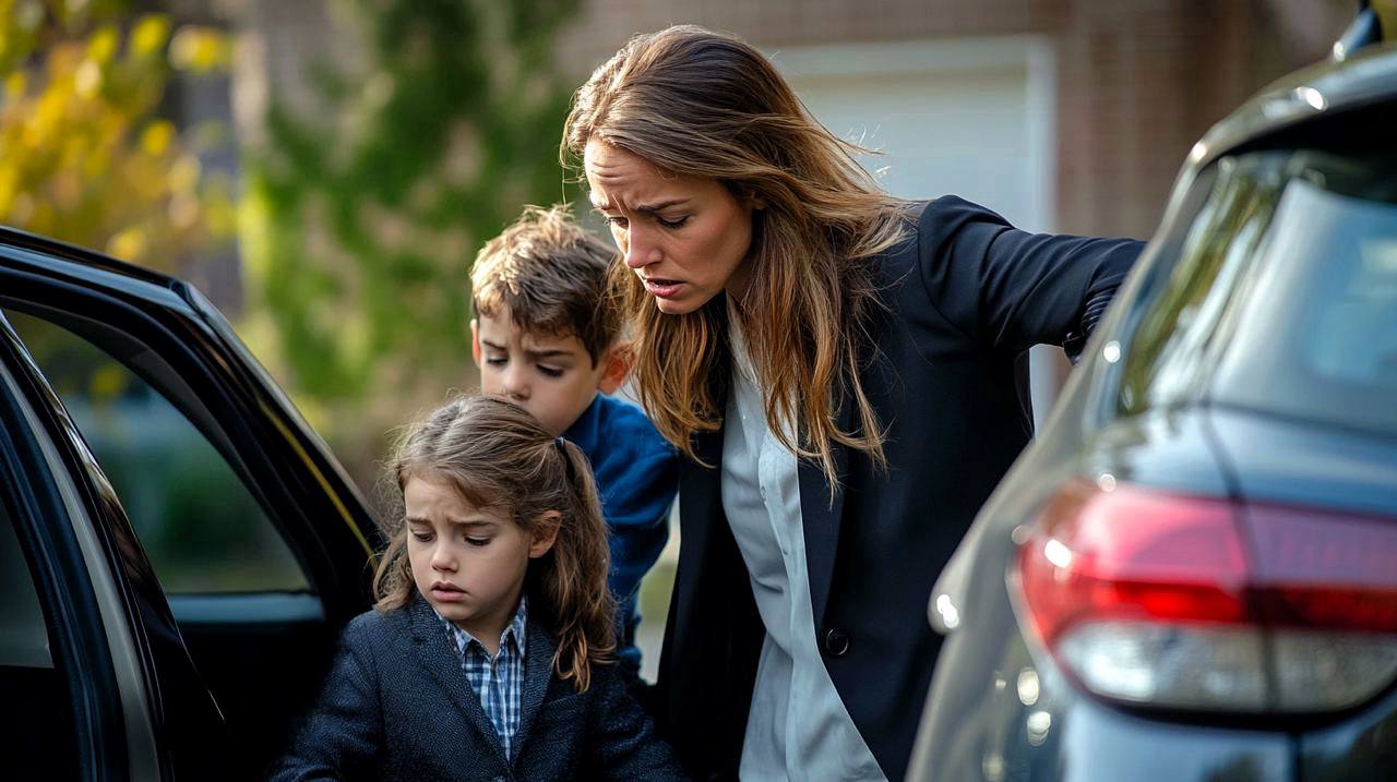 Une maman et ses deux enfants près d'une voiture | Source : Midjourney