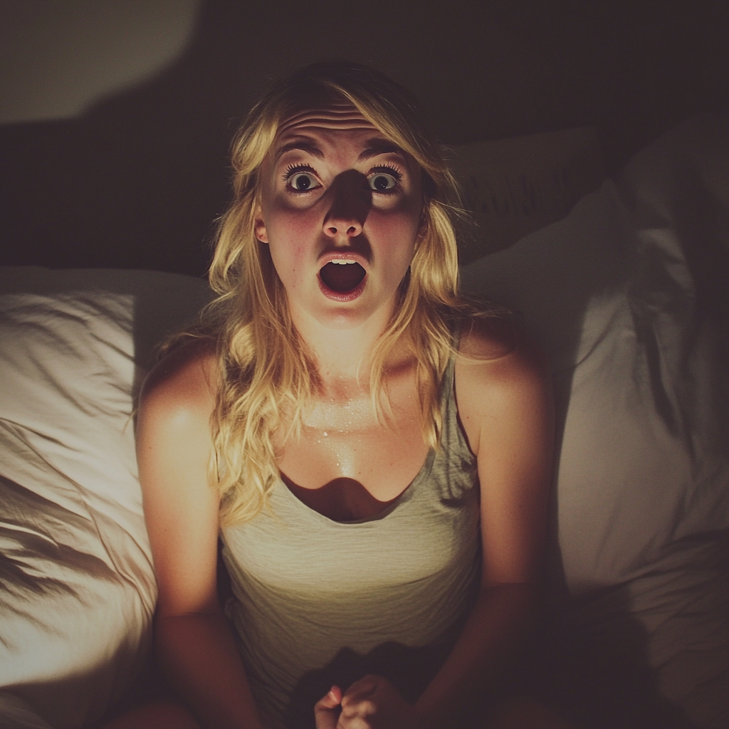 Une femme choquée assise dans son lit | Source : Midjourney