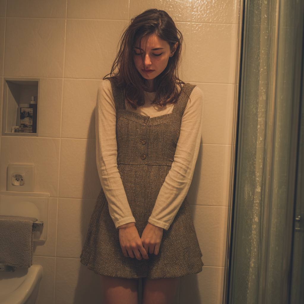 Une femme émotive debout dans une salle de bain | Source : Midjourney