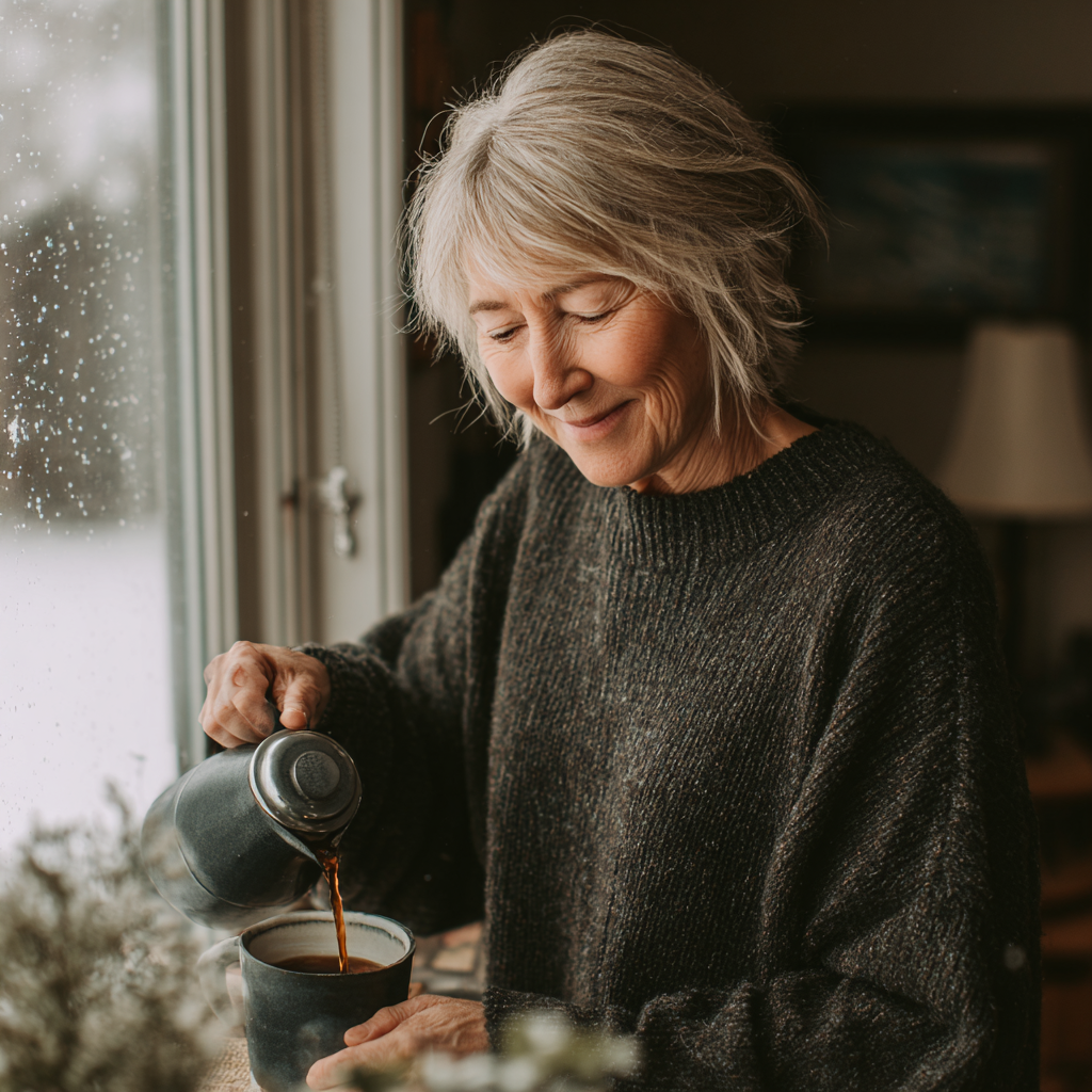 Une femme heureuse qui verse du thé | Source : Midjourney