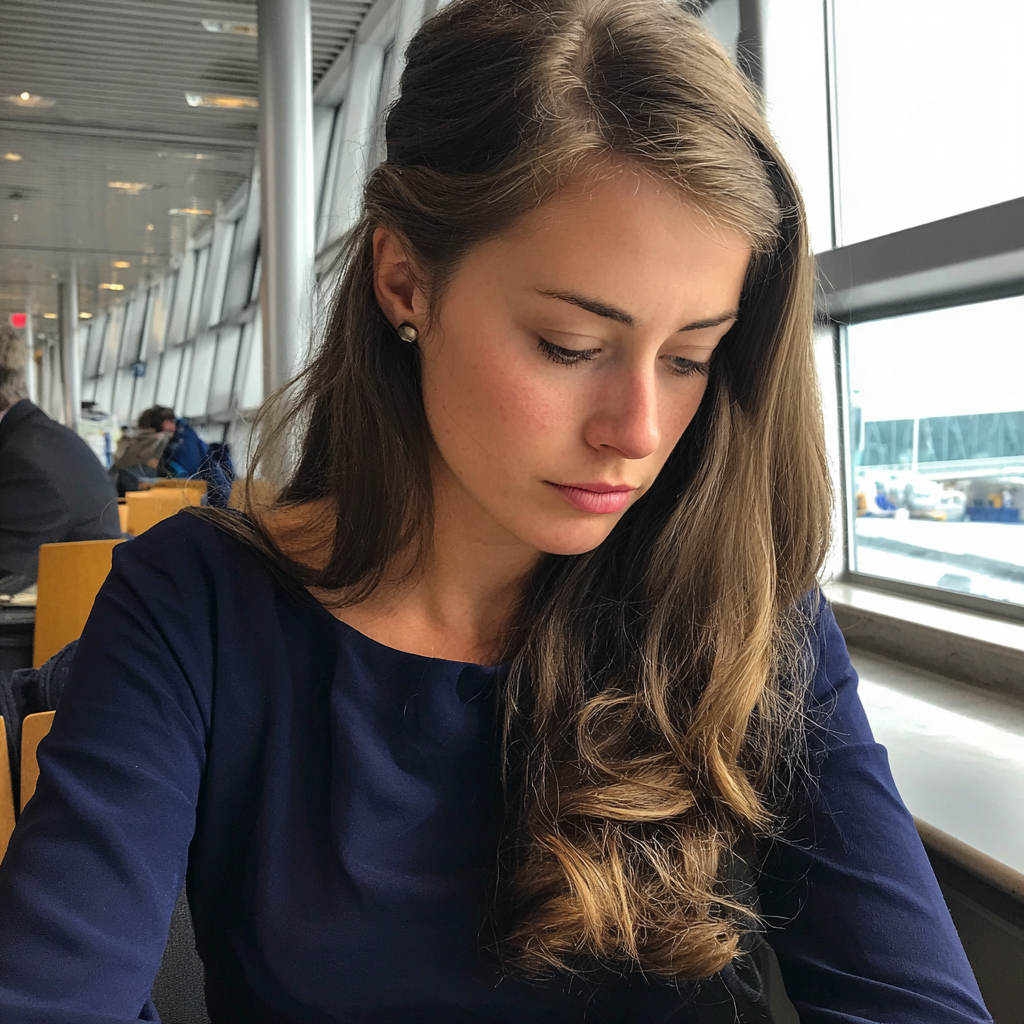 Une jeune femme bouleversée assise dans un aéroport | Source : Midjourney