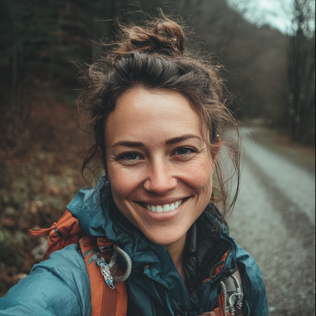 Une femme souriante sur un sentier de randonnée | Source : Midjourney