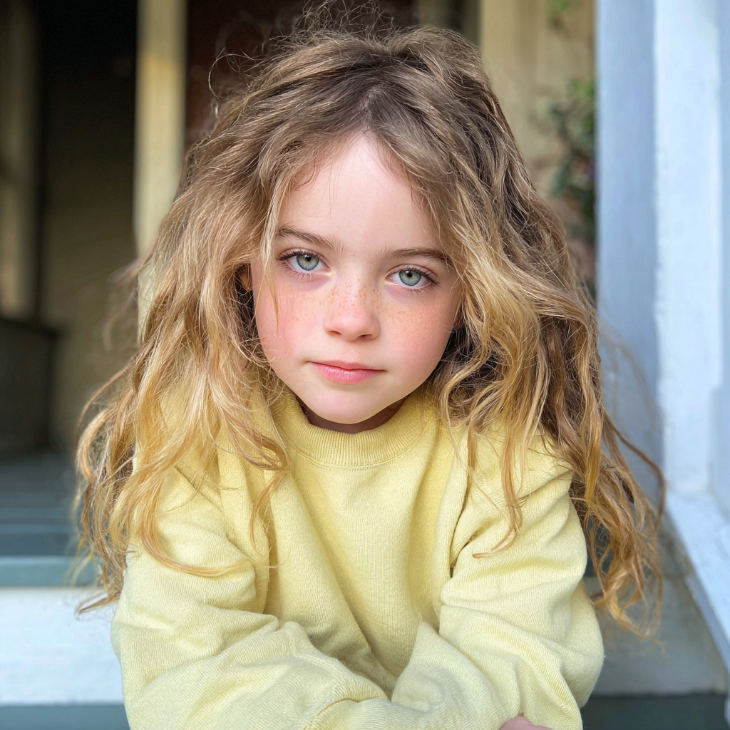 Une petite fille assise sur une marche de porche | Source : Midjourney