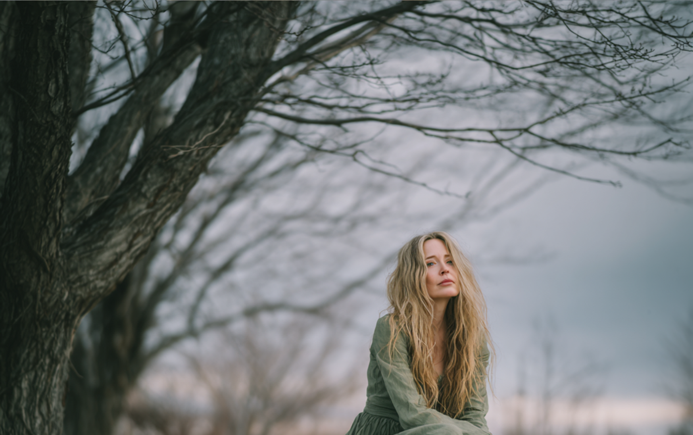 Une femme émotive assise sous un arbre | Source : Midjourney