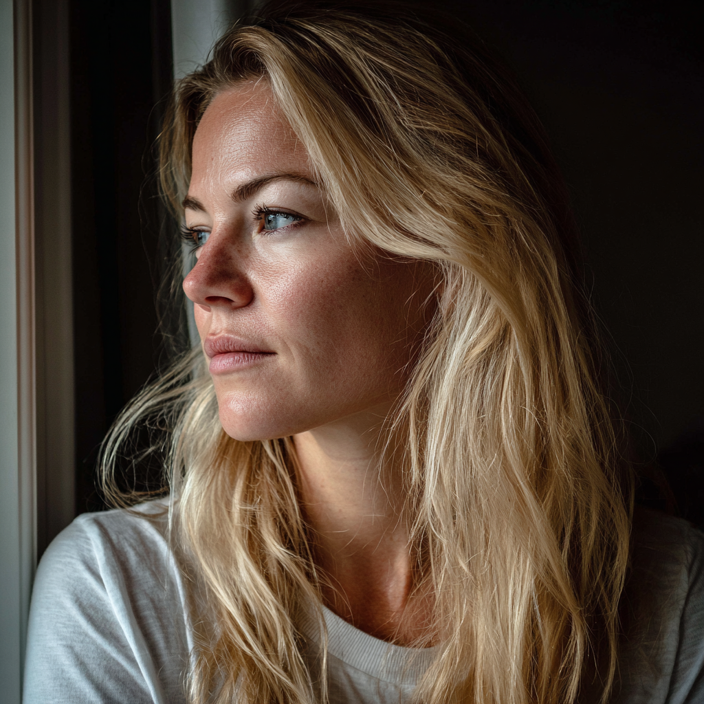 Une femme qui regarde par la fenêtre | Source : Midjourney