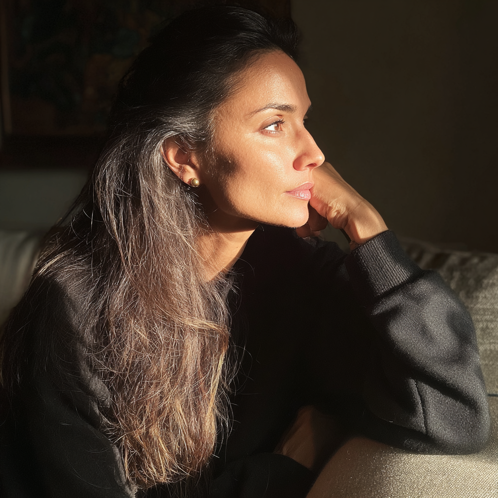 Une femme pensive assise sur un canapé | Source : Midjourney