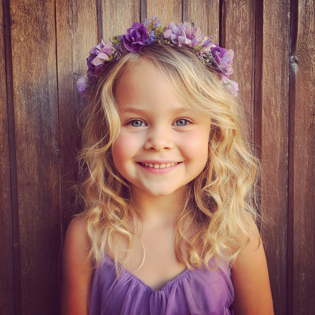 Une petite fille souriante avec une couronne de fleurs | Source : Midjourney