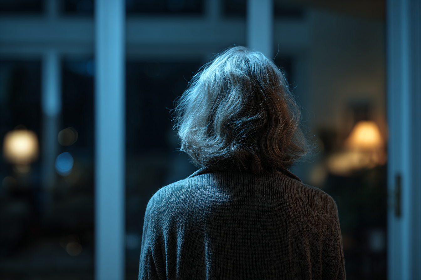 Vue arrière d'une femme âgée debout dans sa maison | Source : Midjourney