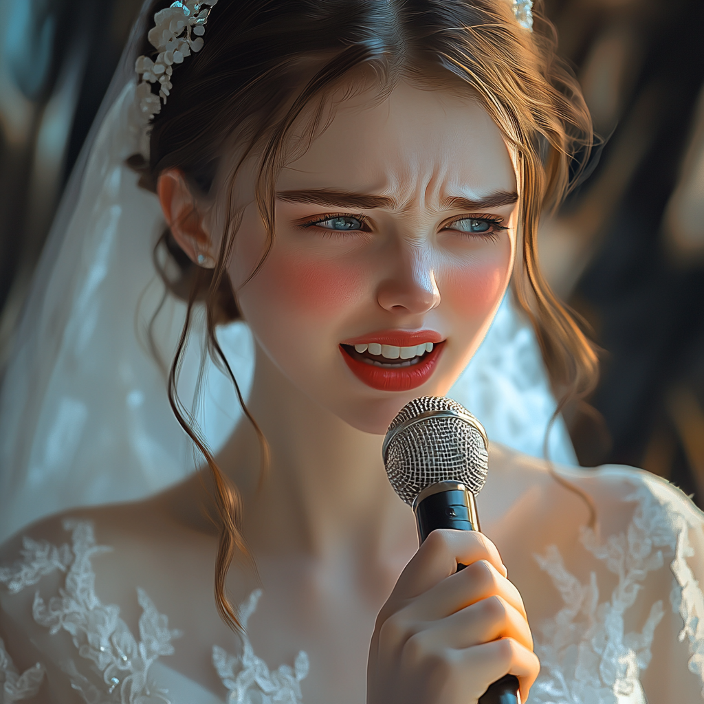Une mariée tenant un micro | Source : Midjourney