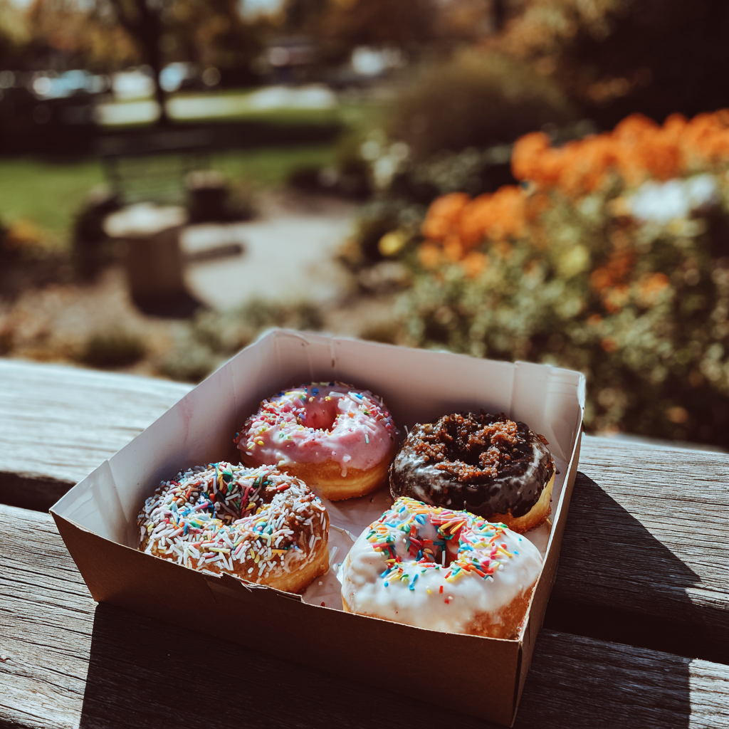 Une boîte de donuts sur un banc public | Source : Midjourney