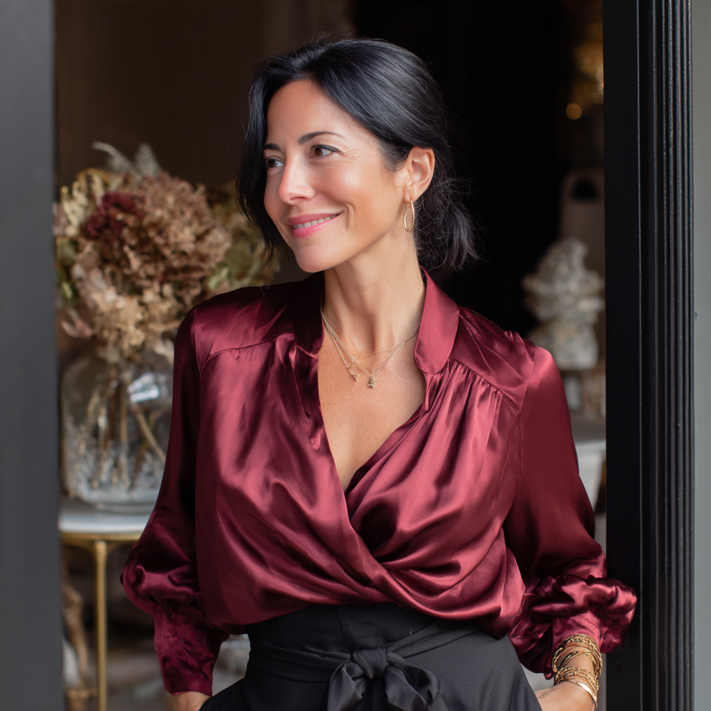 Une femme souriante portant un chemisier en soie | Source : Midjourney