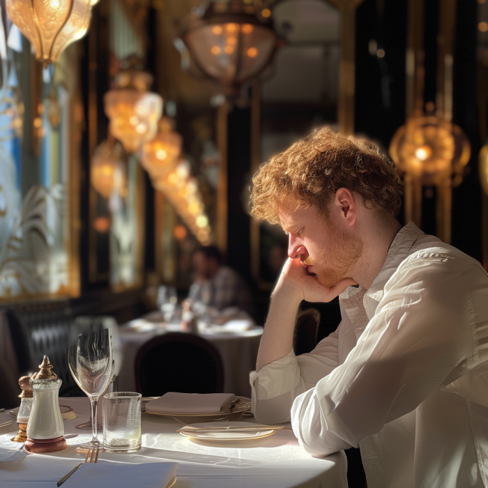 Un homme déprimé assis seul dans un restaurant | Source : Midjourney