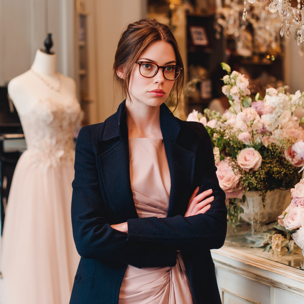 Une femme debout dans une boutique, les bras croisés | Source : Midjourney