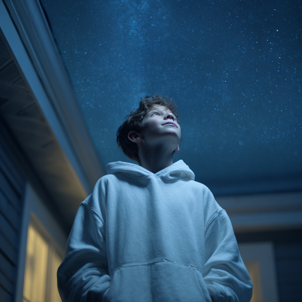 Un garçon curieux contemple le ciel nocturne | Source : Midjourney