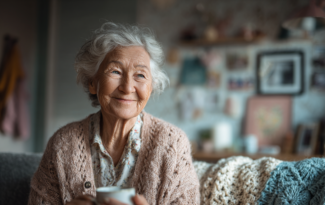 Une femme âgée assise dans son salon | Source : Midjourney