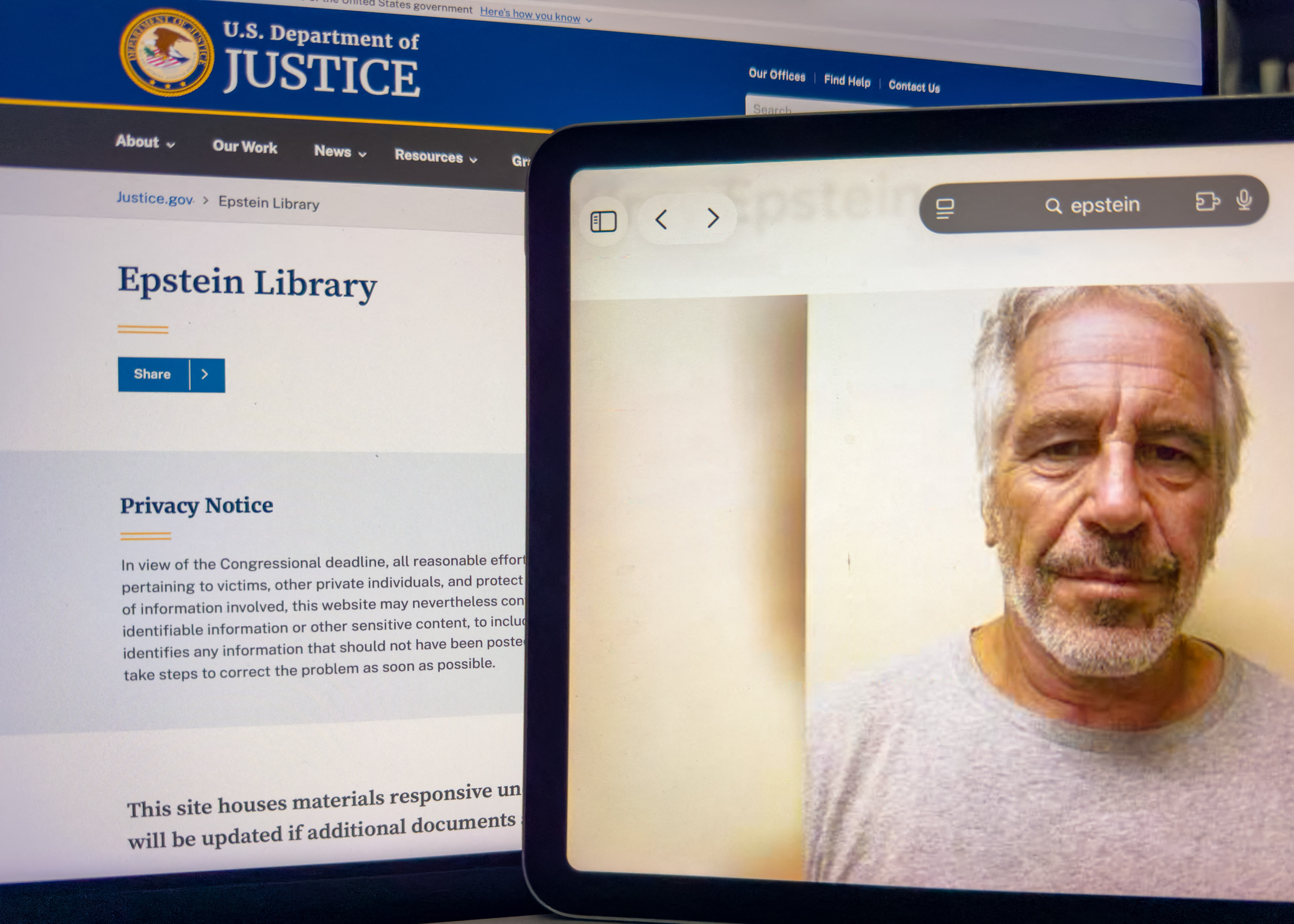 Jeffrey Epstein sur le site officiel du ministère américain de la Justice, intitulé « Epstein Library », à Washington, dans le district de Columbia, aux États-Unis, le 11 février 2026. | Source : Getty Images