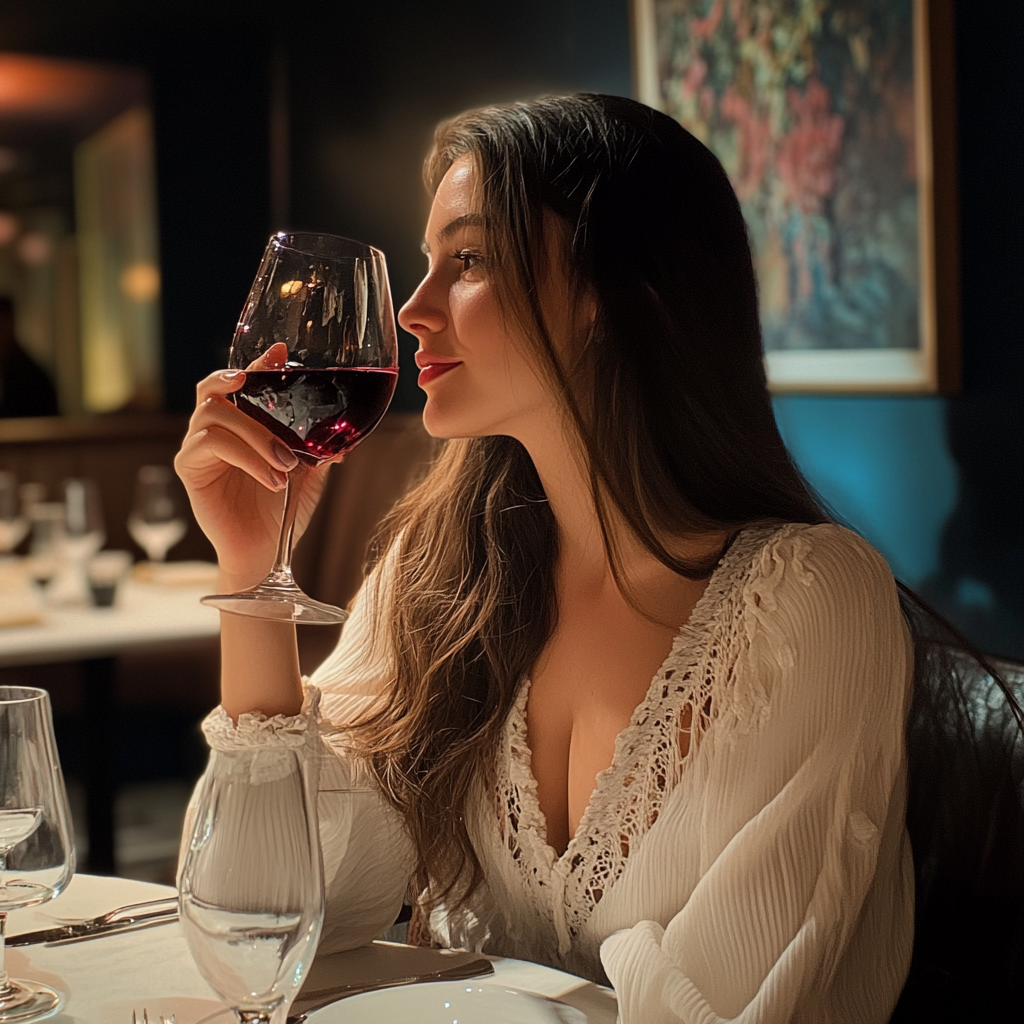Une femme qui profite d'un verre de vin dans un restaurant chic | Source : Midjourney
