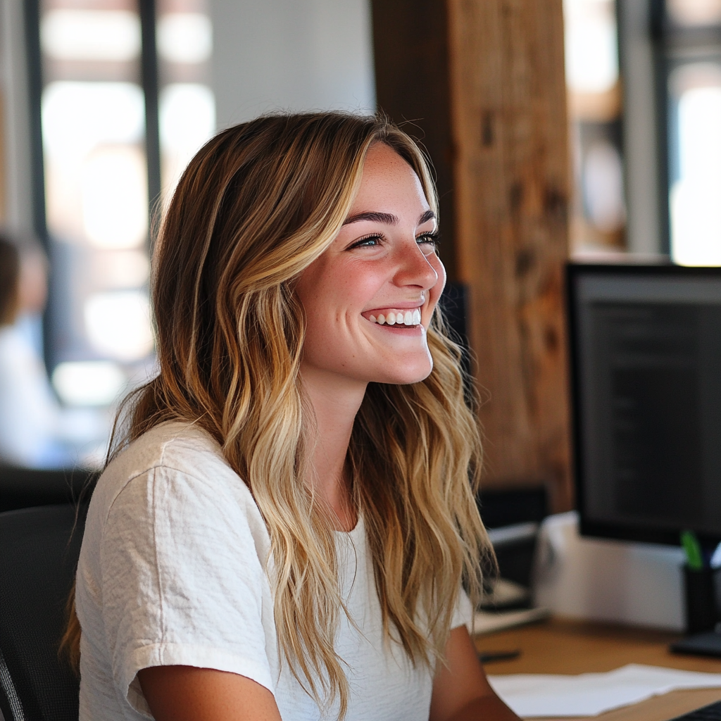Une femme heureuse et souriante sur son lieu de travail | Source : Midjourney