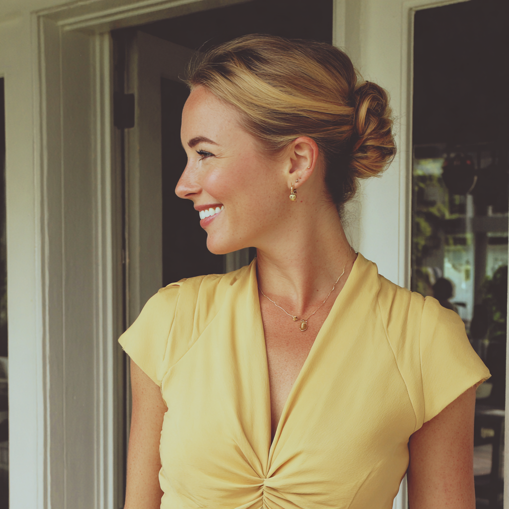 Une femme souriante debout sous un porche | Source : Midjourney